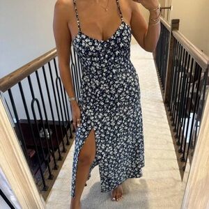 Floral Navy Blue Spaghetti-Strap Midi Dress Size M Zara Leg Slit